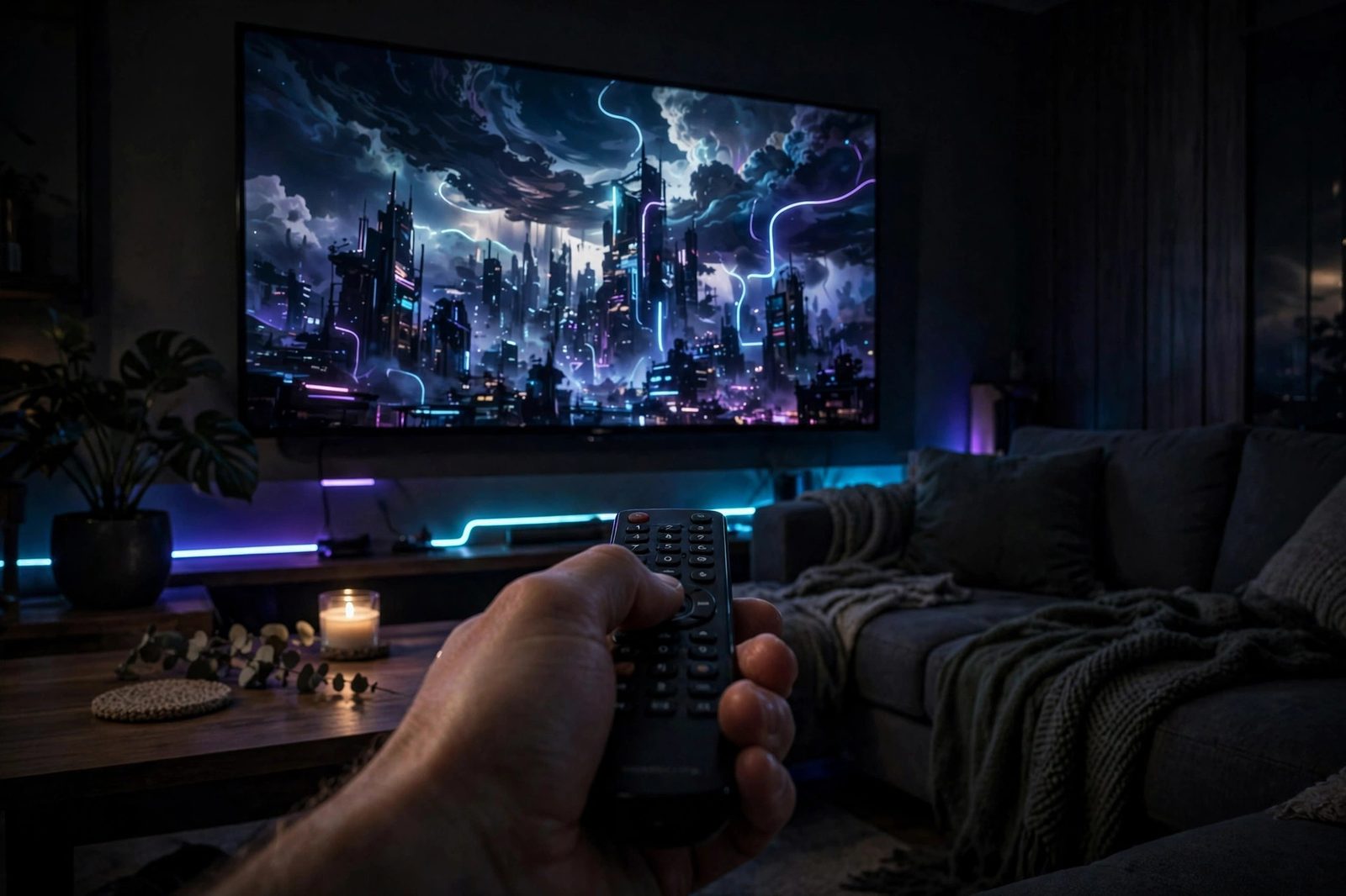 A hand holding a TV remote in a moody living room, the screen glowing with a neon night cityscape