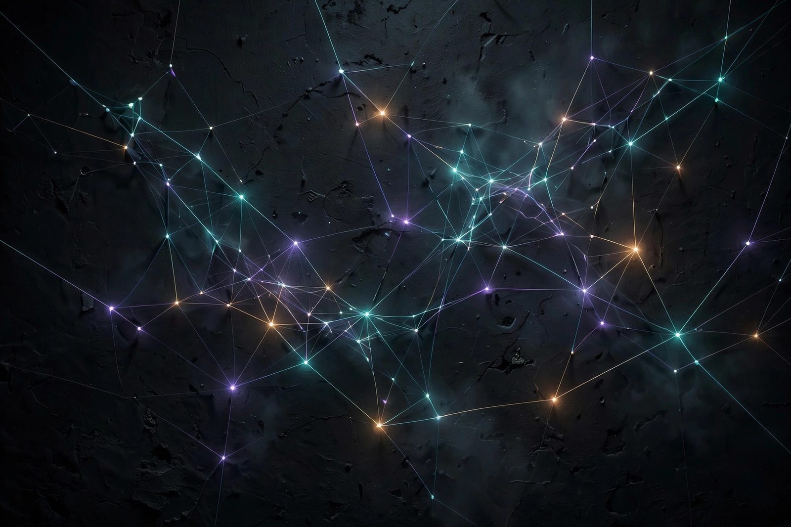 Abstract web of glowing connected nodes on a dark textured wall suggesting linked stories