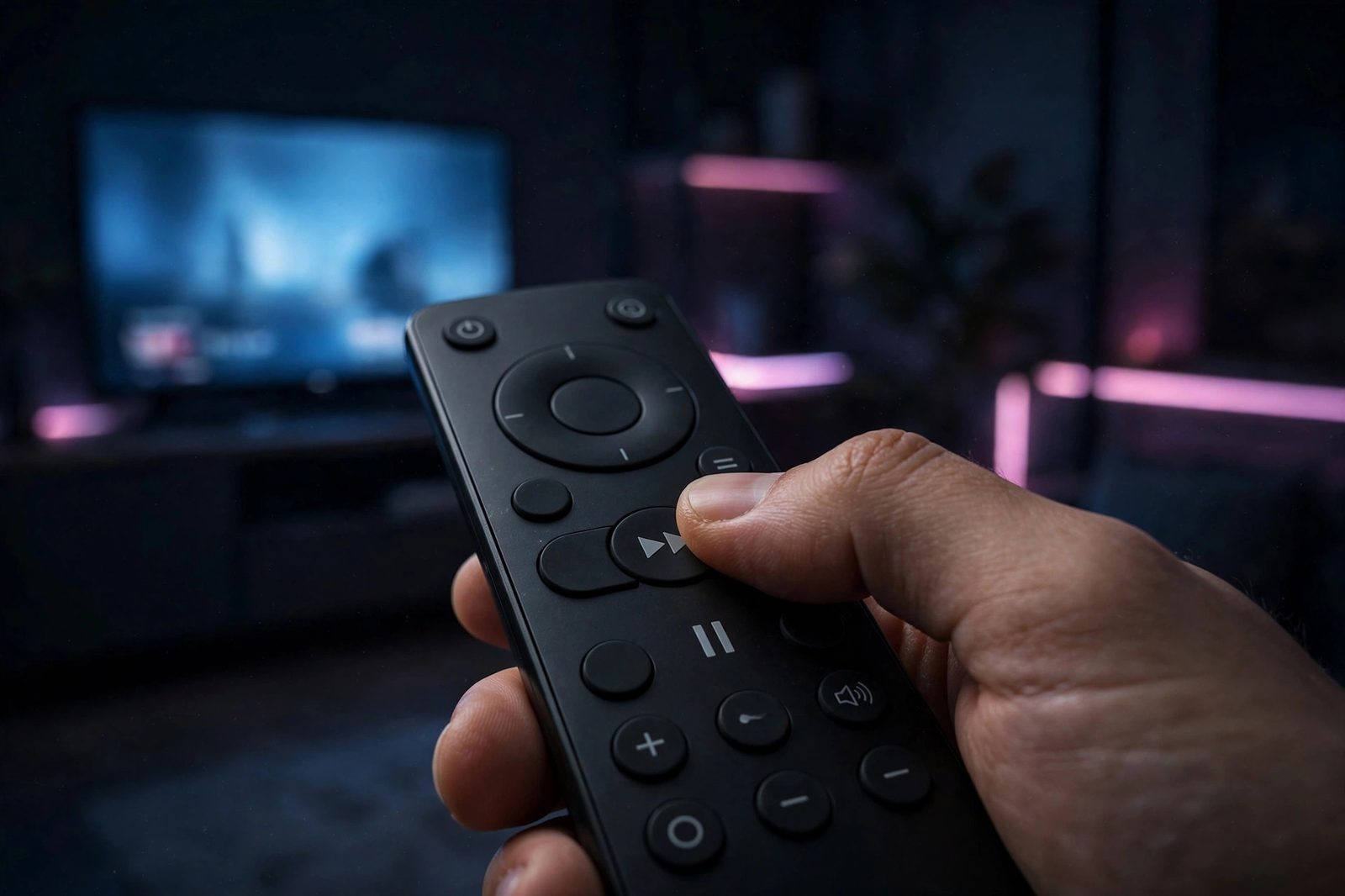 A thumb pressing the fast-forward button on a TV remote in a dark neon-lit living room