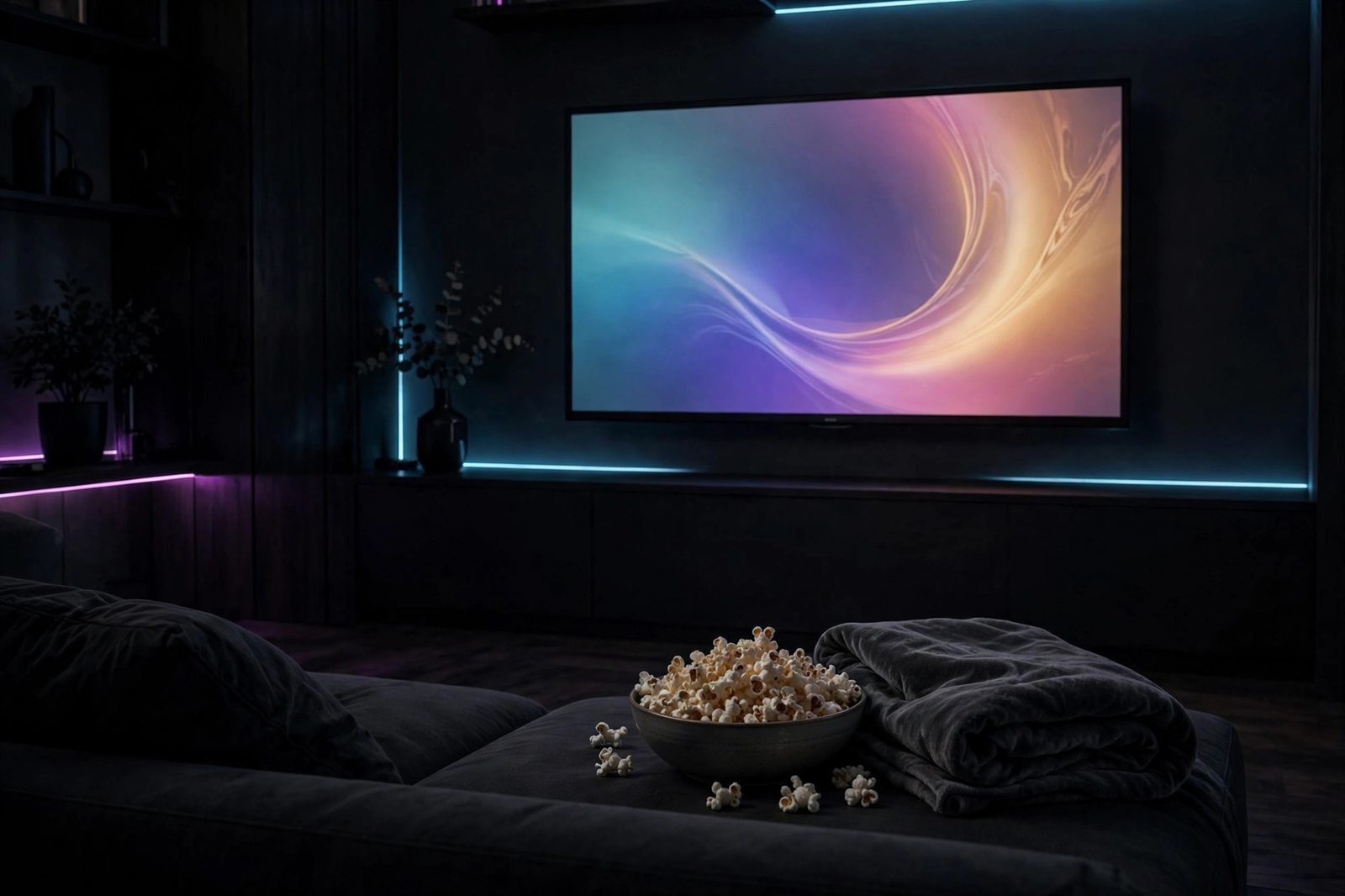 TV glowing with an abstract swirl of colors in a dark living room, popcorn bowl waiting on the couch