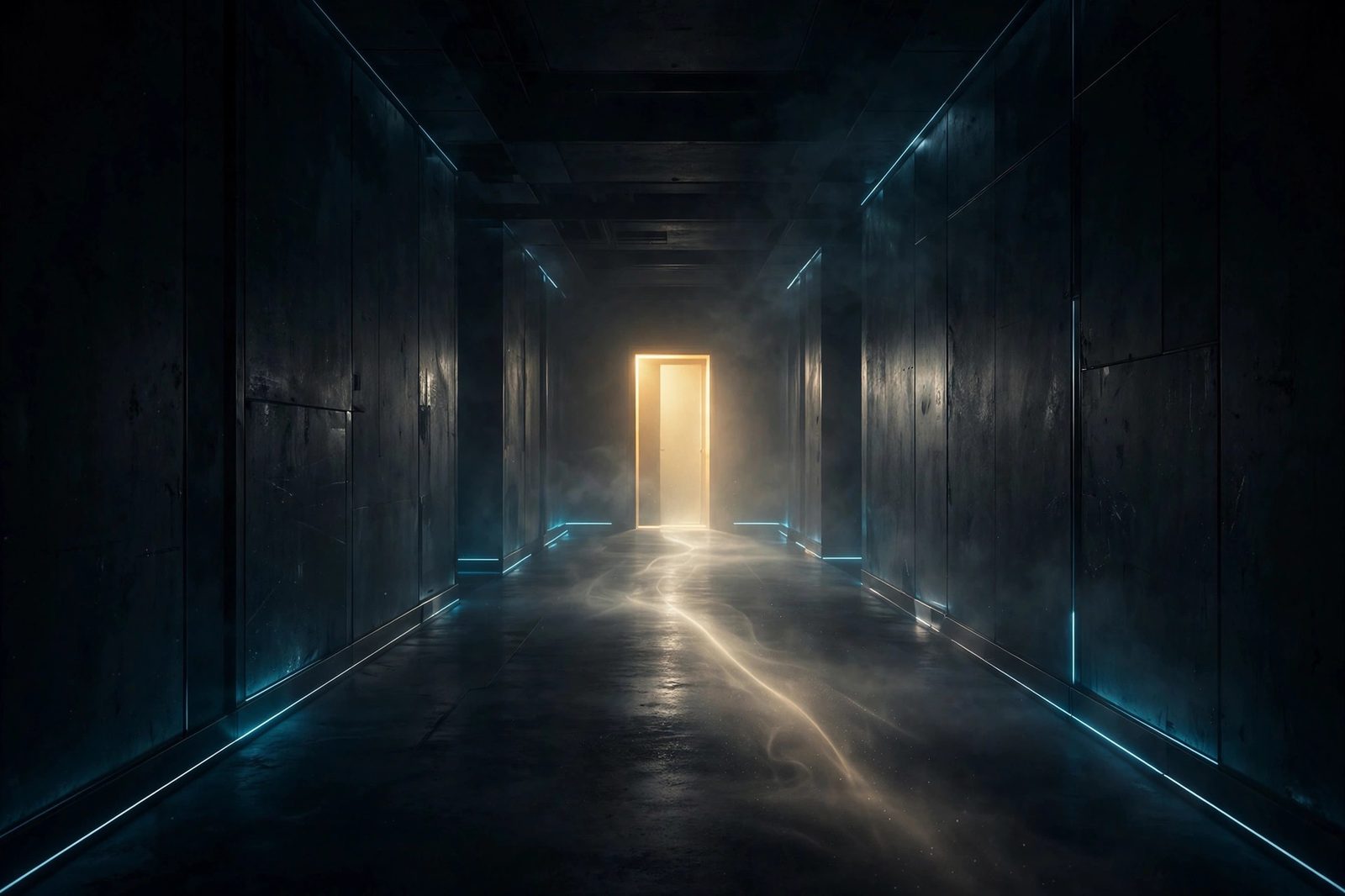 A dark corridor with a single glowing doorway at the end and a path of light leading to it